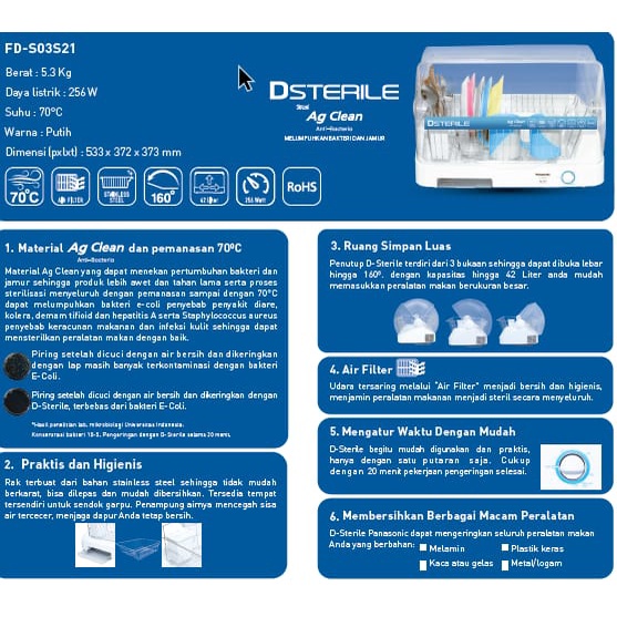 Dish Dryer Panasonic FD-S03S21 Dsterile Sterilizer Sterilisasi Bersih untuk perlengkapan makan bayi