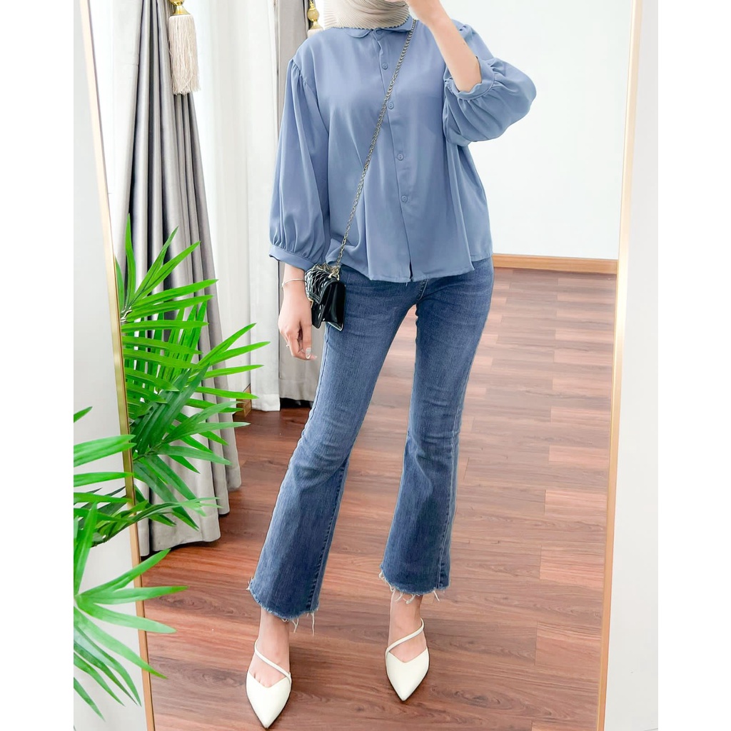 Elzan Blouse Shakilla Twill Full Kancing Depan Polos Basic Lengan Balon Baju Atasan Kerja KEMEJA WANITA POLOS CASUAL - TOP ATASAN KOREA