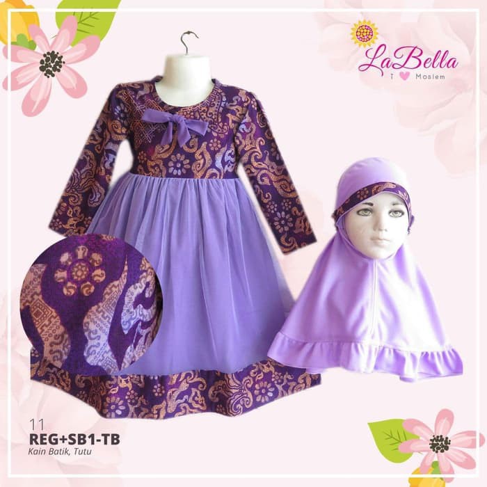 Dijual Gamis Labella Anak motif batik   Ungu Limited