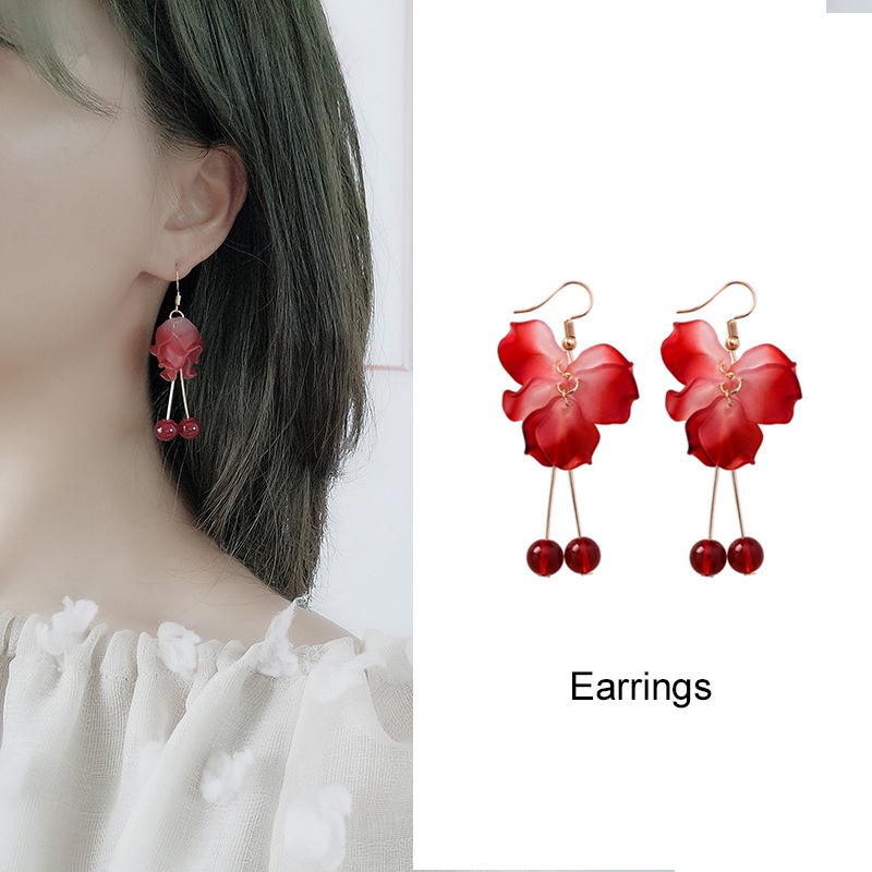 Anting-anting/ Klip Telinga Retro Bunga  Merah Gaya Korea Anting-anting Kelopak Perangai Panjang