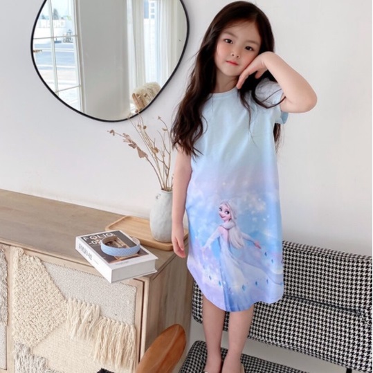 Baju Dress Anak Perempuan lengan pendek TERUSAN BIRU FROZEN IMPORT