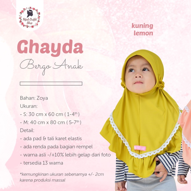 Ghayda Bergo Anak / bergo pad renda anak / kerudung renda / bergo jersey anak