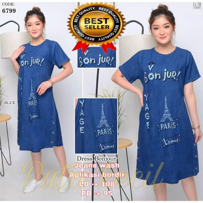 FIT TO XXL LD 108 BONJUR DRESS VARIASI BORDIR MATT JEANS WASH