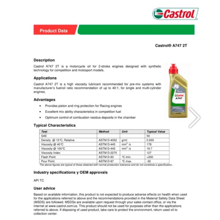 OLI SAMPING CASTROL A747 A 747 ORIGINAL FRANCE 1000%