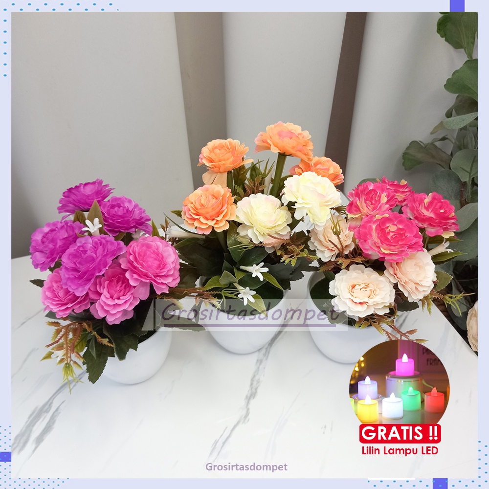 Bunga Mawar Besar Set Pot Tanaman Hias Plastik Artificial Dekorasi Meja Ruang Tamu Rumah Kantor