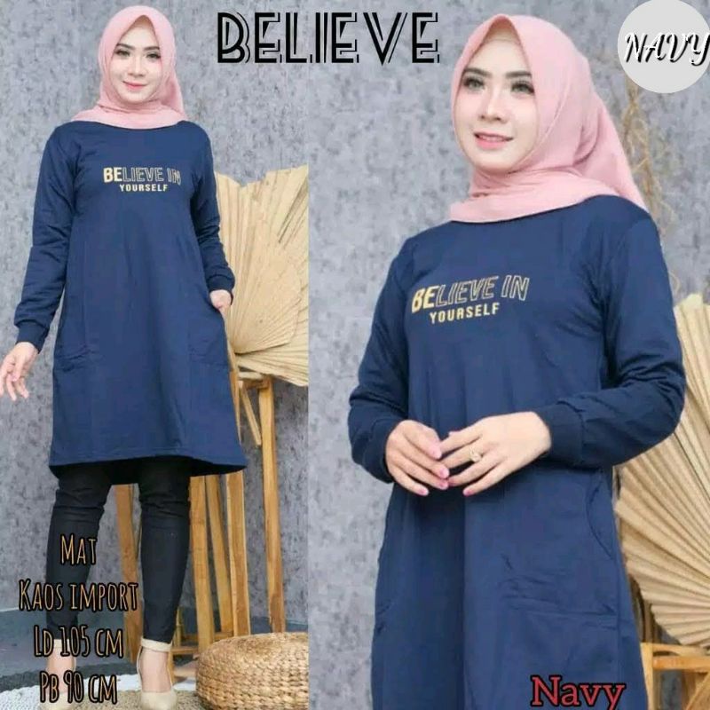 JF Tunik Kaos Wanita Lengan Panjang Dewasa Terbaru Babyterry BELIEVE IN