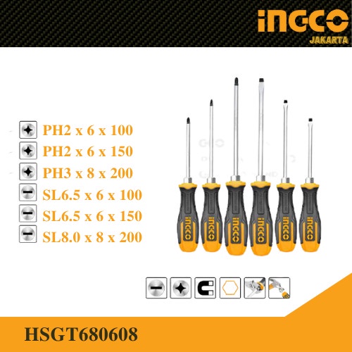 Obeng Ketok set 6Pcs ( PH SL )Go Thru Screwdriver Set INGCO HSGT680608