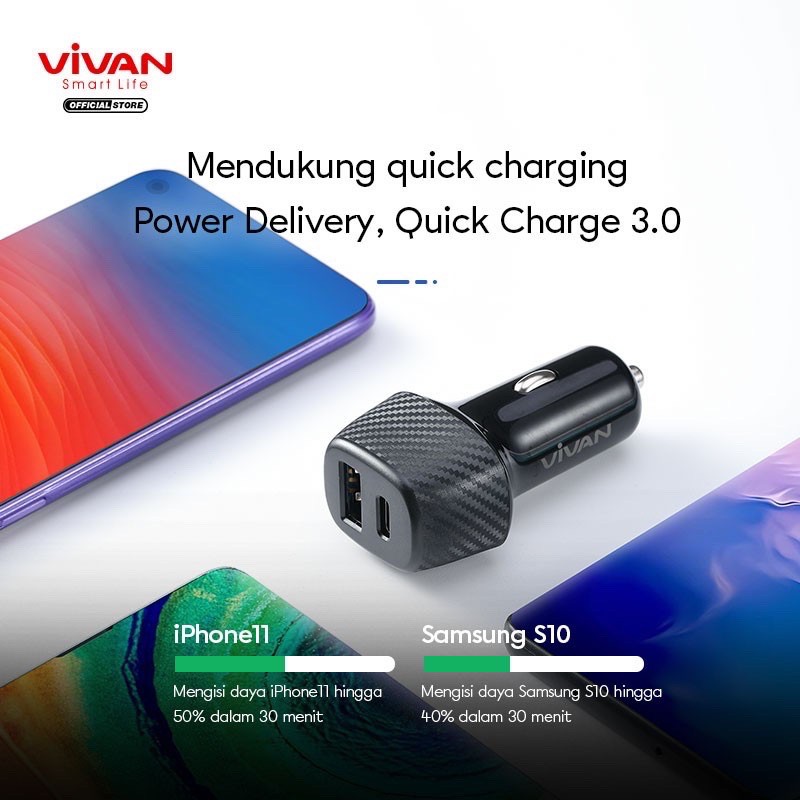 VIVAN Car Charger Dual Port Type C (PD) &amp; USB (QC3.0) 36W 6A Support iPhone 12 CC02P / Sever Vivan