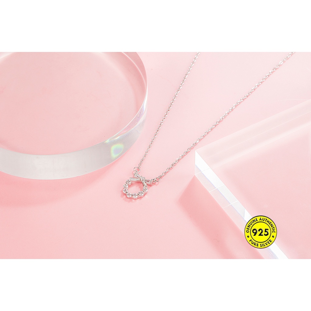 Kalung Rantai Sterling Silver 925 Dengan Liontin Pita + Berlian Imitasi Untuk Wanita