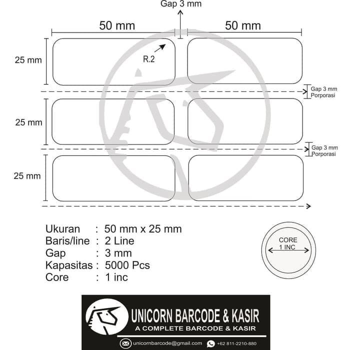 50x25 mm / 50x25mm SEMICOAT 2 LINE 5000PCS CORE 1&quot; LABEL STICKER UNICORN 50 x 25