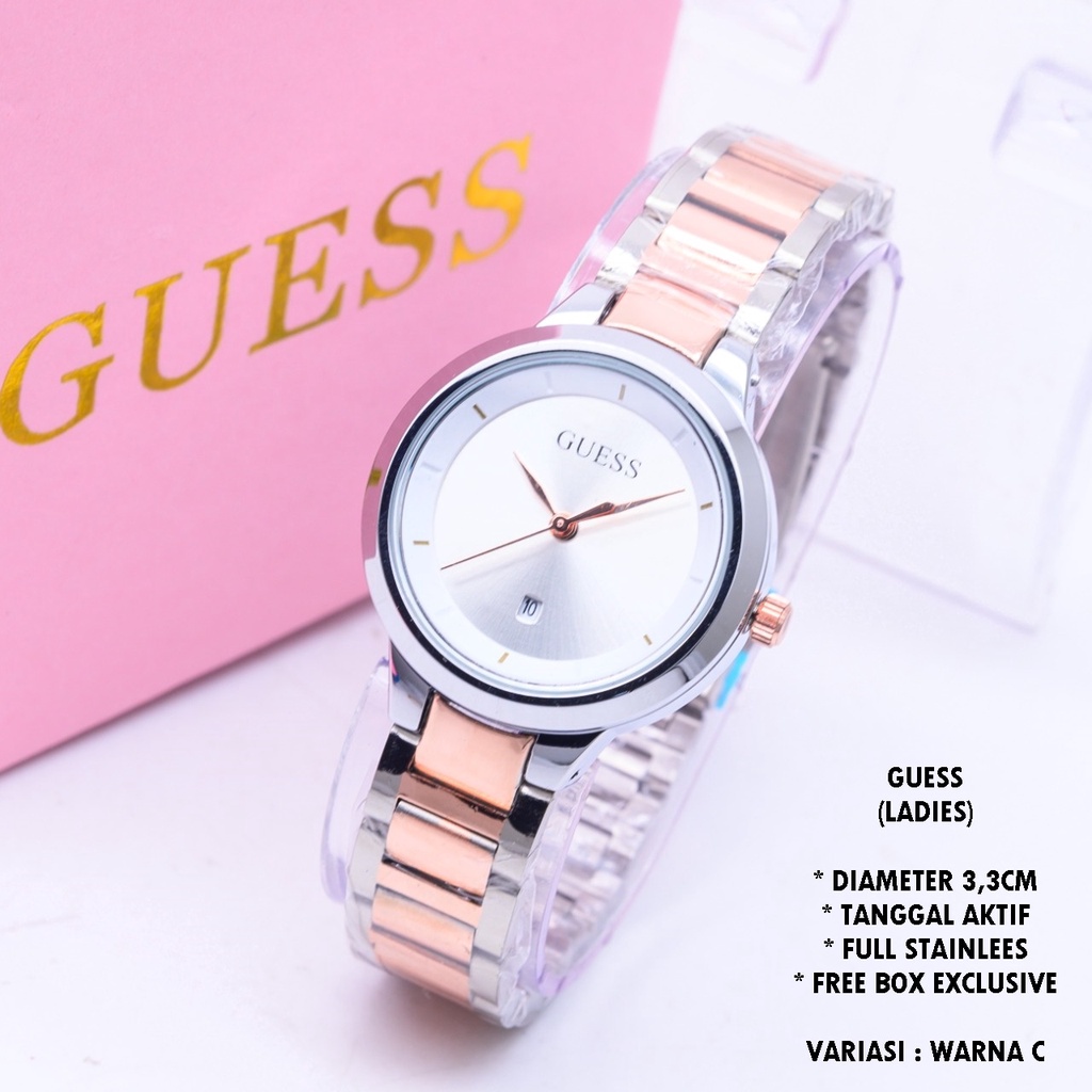 (FREE BOX) JAM TANGAN WANITA GUESS RANTAI BODY BULAT TANGGAL AKTIF