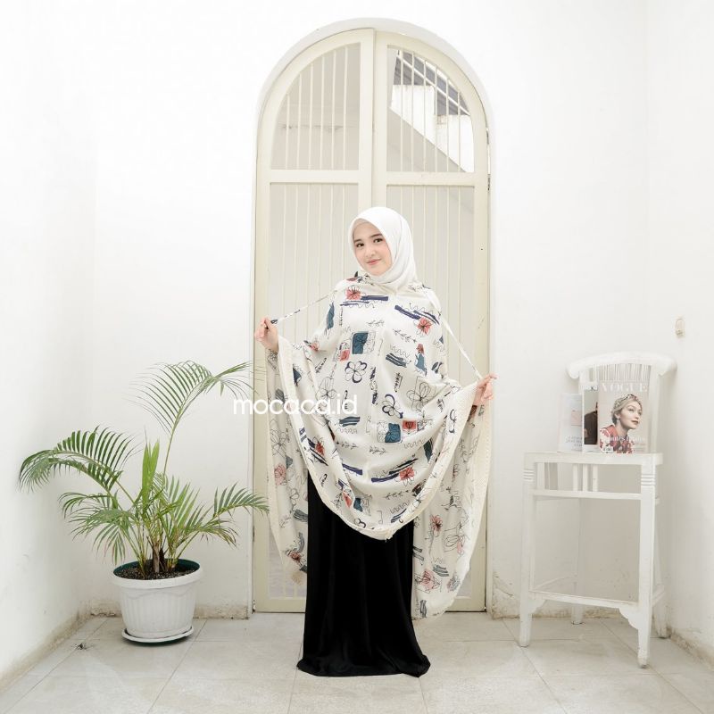 Mukena Dewasa Jumbo 2 in 1 Kayana Motif Bahan Rayon Premium Jatuh Adem Ponco Pouch Tas Sleting Cream