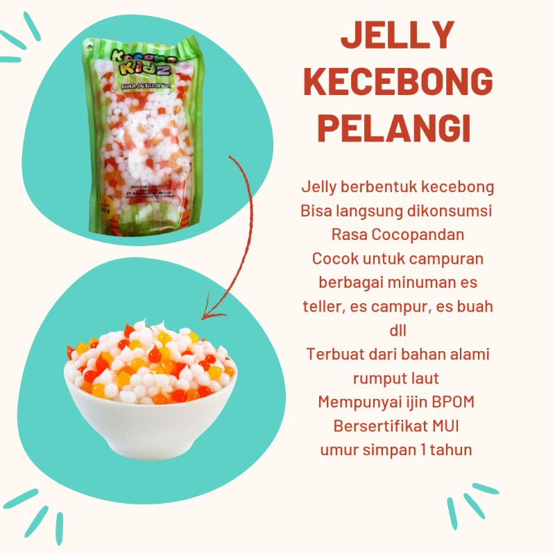 

Minuman Jelly Topping bentuk Kecebong warna pelangi rasa Cocopandan