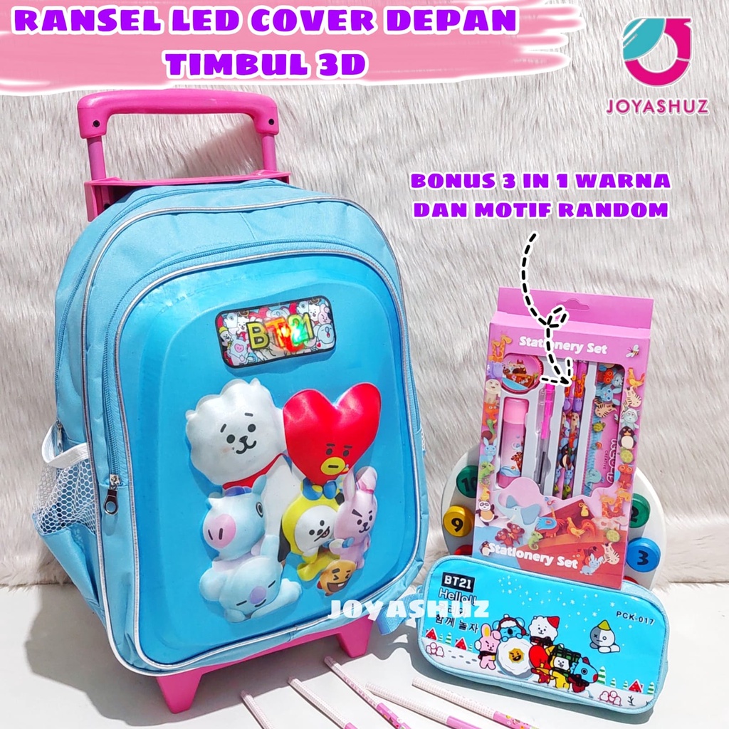 Tas Troli BT 3D LED Anak SD Berbonus - Ransel Troli Timbul LED - Tas Sekolah Anak SD Troli Karakter - Tas Dorong Anak Perempuan SD Gratis Botol Dan Misting - Tas Sekolah Anak Perempuan Karakter Lucu - Joyashuz