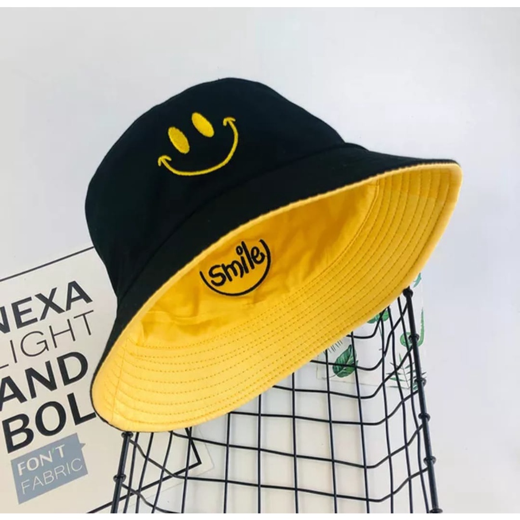 TOPI BUCKET BORDIR SMILE SMILE BOLAK BALIK  TOPI BUCKET KOREA COD