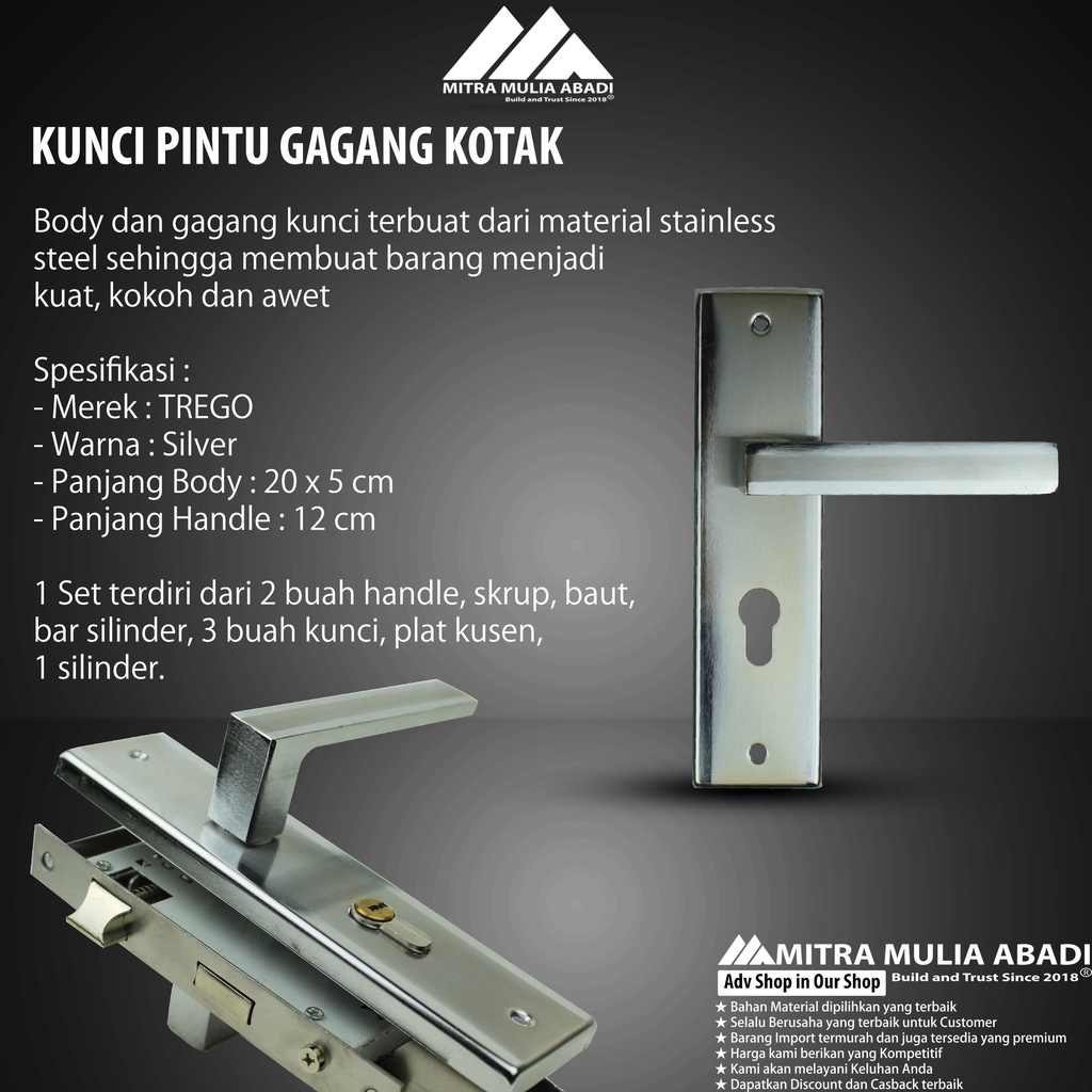 Kunci Pintu Silinder Trego Set Komplit Handle Kotak | 20 cm Gagang Handle Pintu Rumah