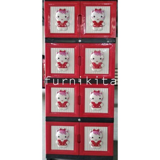  LEMARI  PLASTIK  SUSUN  4 FULL KUNCI HELLO  KITTY  MOTIF TIMBUL 