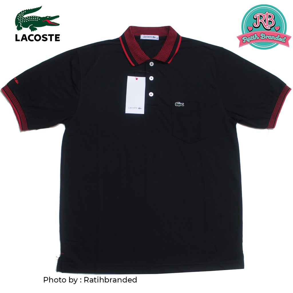Lacoste baju polo kaos berkerah pria dewasa casual motif stripe warna hitam ORIGINAL TERBARU