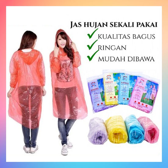 JAS HUJAN PLASTIK Sekali Pakai Poncho Rain Coat Plastic Disposable Emergency baju Lengan Darurat