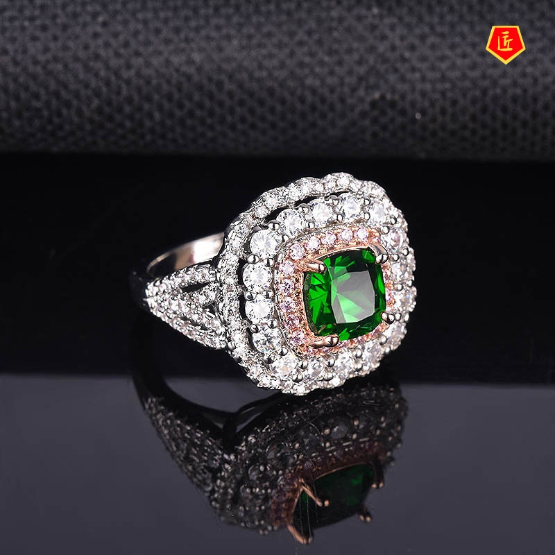 [Ready Stock]Fashion Inlaid Square Diamond Emerald Two-Tone Ring