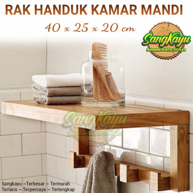 Rak handuk kamar mandi kayu penyimpanan bath room towl holder