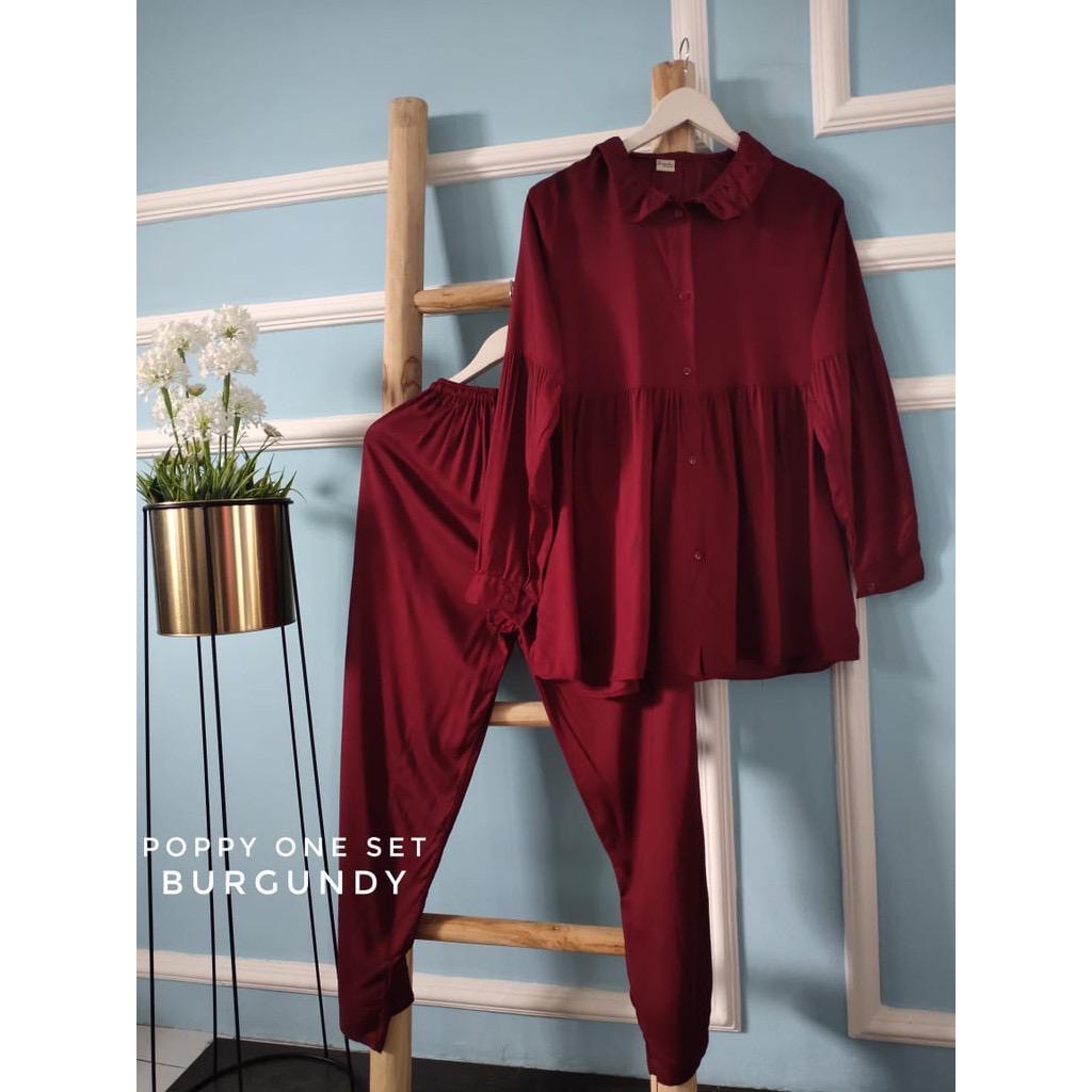 BLOOMS DAILY ONE SET / TIE DYE ONE SET RAYON / STELAN PIYAMA WANITA-POPPYONESET BURGUNDY