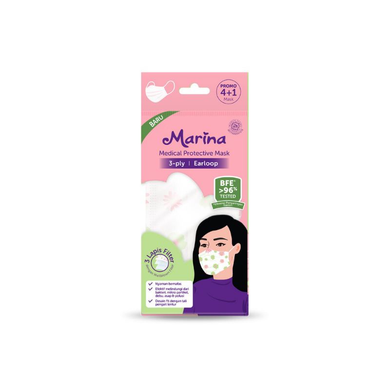 Marina Medical Protective Mask Earloop 3 ply Masker Medis isi 5 (sch) (90gr)