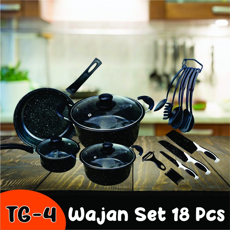 Panci Set lengkap teflon Warna Cookware Frypan Saucepan Milkpot Free Spatula 6Pcs