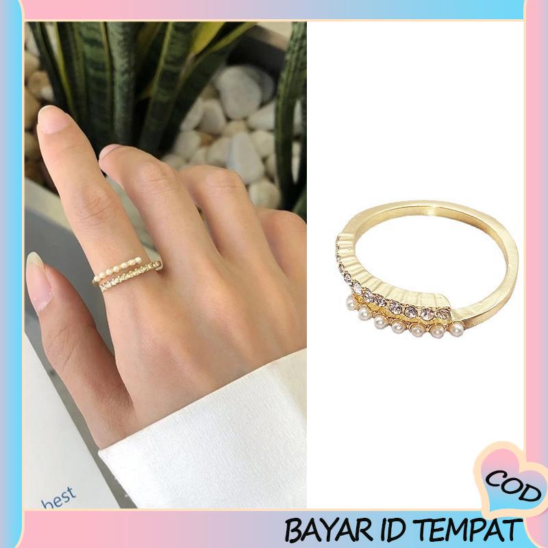 COD❤️ Fashion Desain Pembukaan Cincin Mutiara Sederhana, Cincin Jari Telunjuk yang Dipersonalisasi-A.one