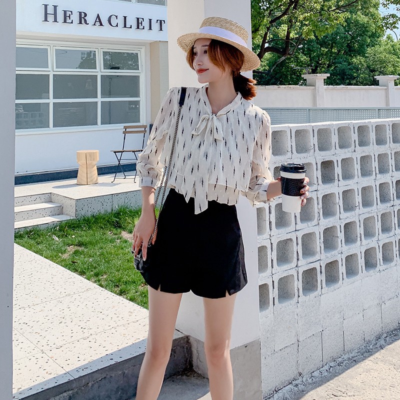 model terbaru Atasan blouse Lengan Panjang  Motif Print Pita, Bahan Sifon, Gaya Korea