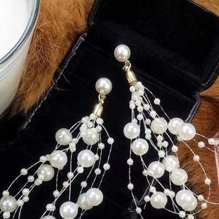 (Hello Girl)E35 Anting Mutiara Jaring Fashion Wanita Mutiara Putih Panjang Stud Earrings Import-1