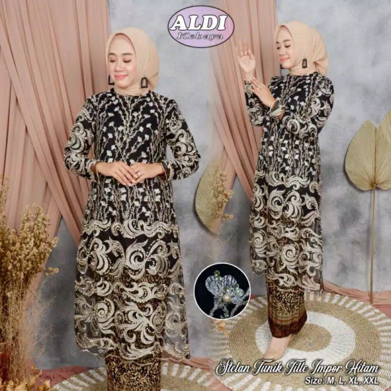 SETELAN KEBAYA TILLE BORDIR HITAM/KEBAYA TUNIK TULLE IMPORT/KEBAYA KEKINIAN