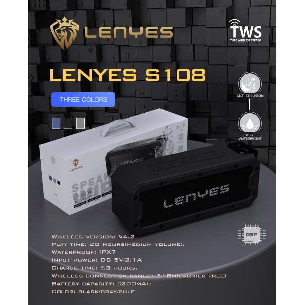 Speaker Bluetooth Wireless LENYES S108 Original IPX7 Waterproof TWS