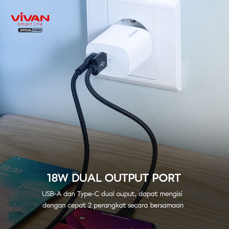 Charger VIVAN Dual Output Port 3A USB-A &amp; Type C 18W PD Quick Charge &amp; VOOC Flash Charge Power Turbo