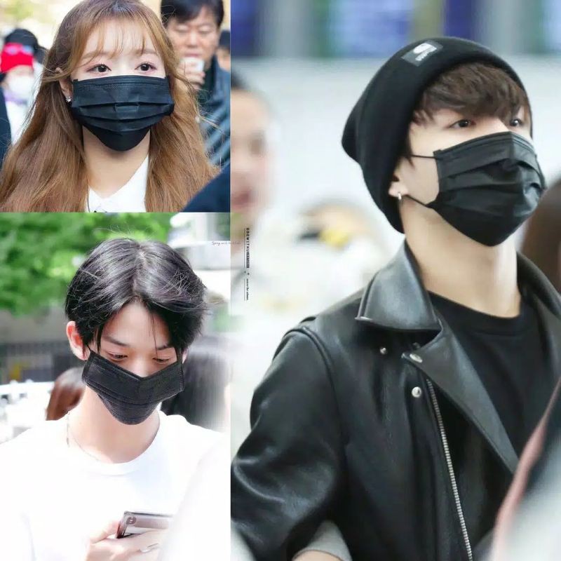 Masker Hitam Model Korea KPOP Earlop Fashion Idol 3Ply/Masker Dewasa Import Premium/Black and White