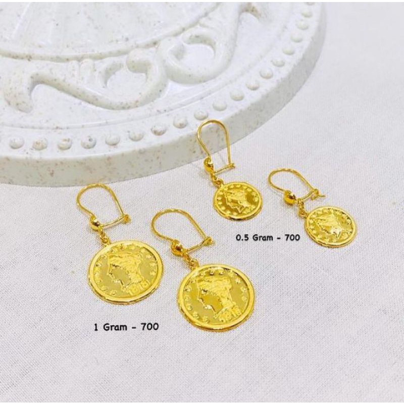 anting anak dan dewasa emas asli kadar 700 70% 16k 22 gold koin paun paon pawon bulat gantung tanpa permata hooks