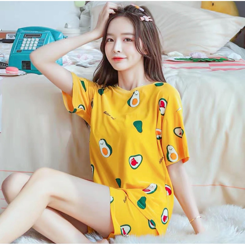 Baju Tidur Piyama Set/Piyama Wanita Import/Baju Piyama Pendek/Short Sleep Wear-K17-Kuning Alpokat