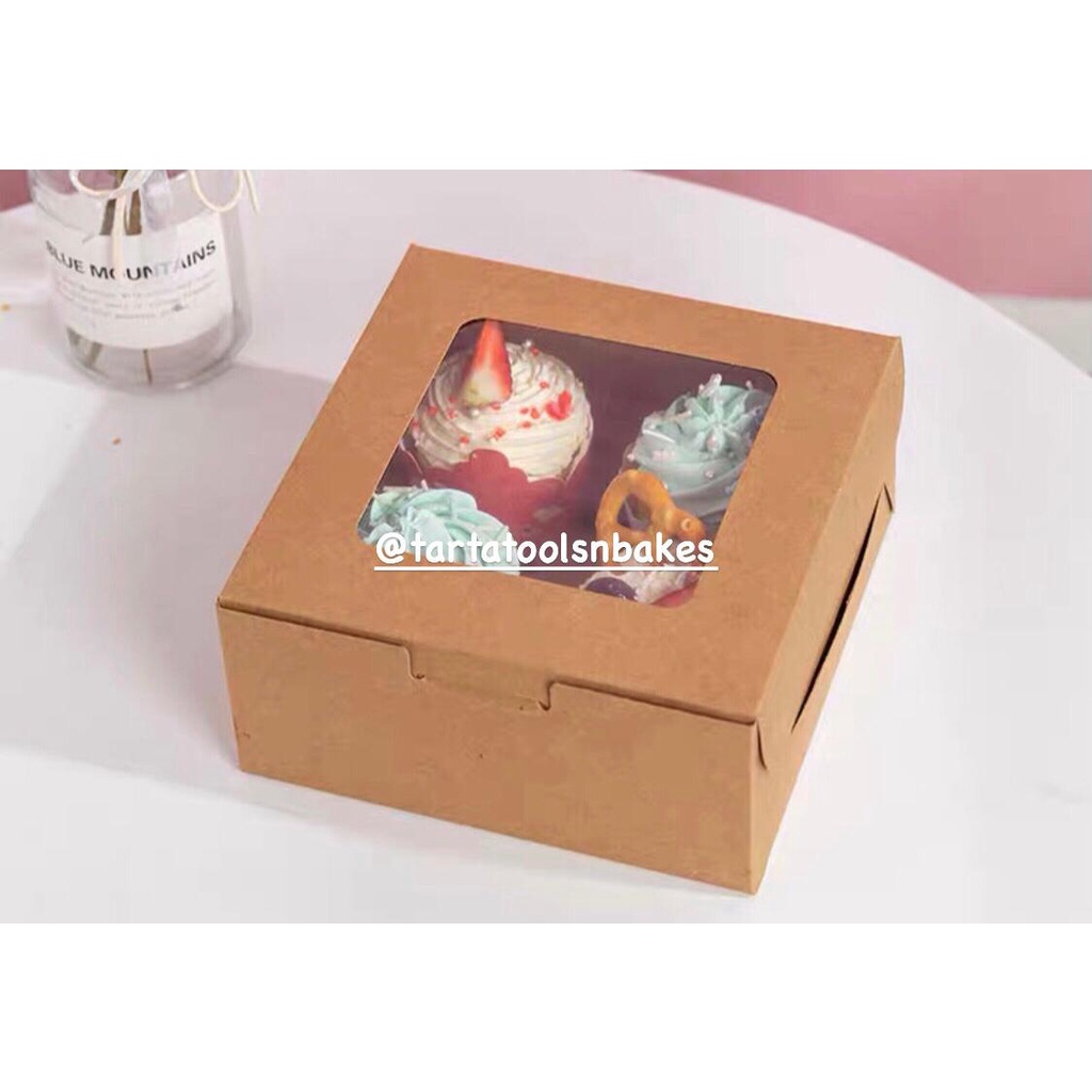 

(5PCS) Kotak Kue Cupcake Segi Coklat Jendela Mika16x16x7,5CM (for 4 cupcake bulat)