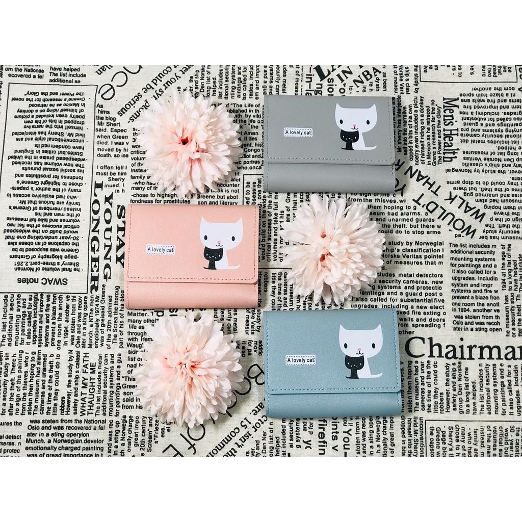 W20 Dompet Lipat Mini Wanita Kucing Lucu Cute Cat Murah Kantong Koin Kartu Uang Foto Cewek Women Wallet Kecil Perempuan Kulit PU Leather Binatang Putih Hitam Panjang  Korea Pria Cowok Laki Laki Cowo Import Premium Tas Cina Import Hadiah Cantik