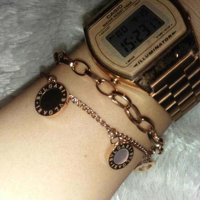 Titanium premium gelang rante bvlgari 2 layer rose gold