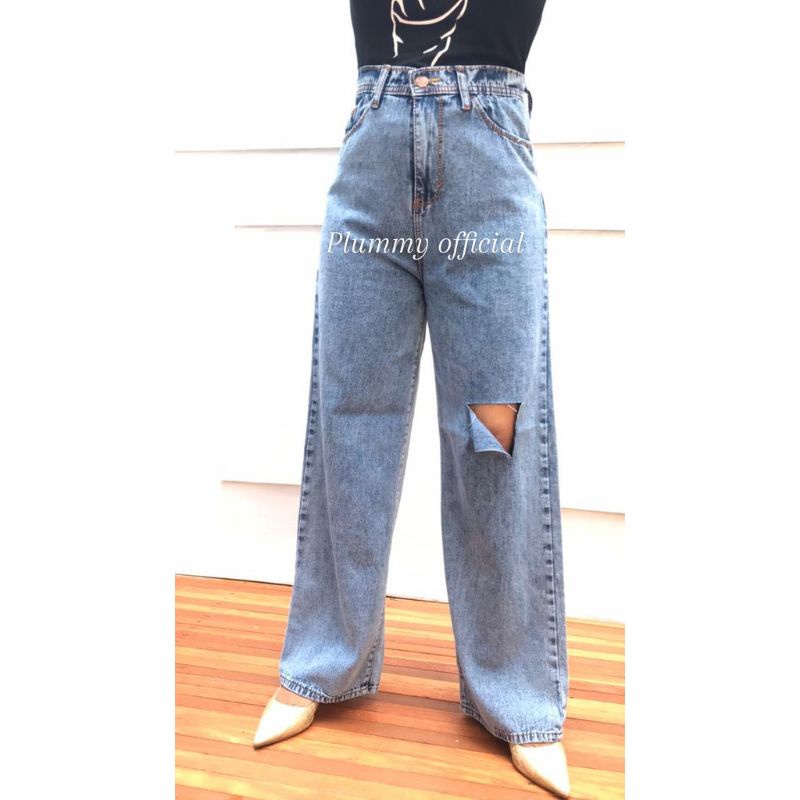 Celana Jeans Panjang Baggy Repped Jins Wanita Highwaist Sobek Hitam Snow biru