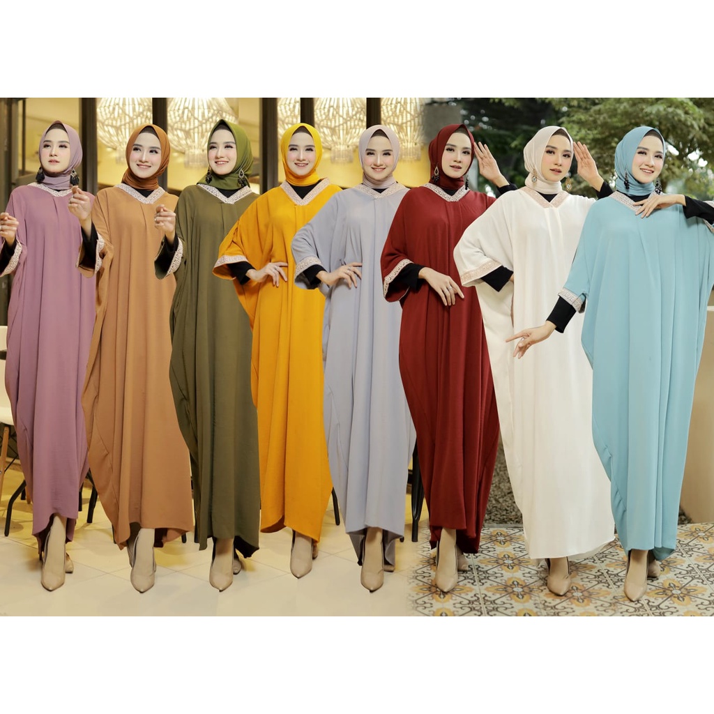 HOPYLOVY - Kaftan Wanita Muslim Bahan Crinkle Aplikasi Brenda Coklat Ishana