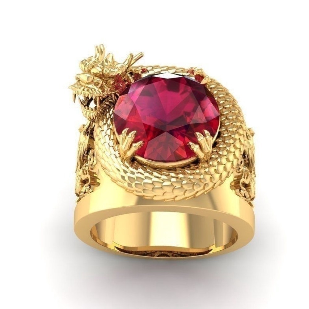 Cincin Naga Emas Perak Baja Titanium Ruby Pria Kristal Berlian Merah Rings