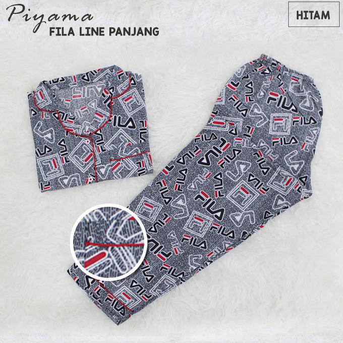 Best Seller # Fila Line Cp Baju Tidur Piyama Wanita Lengan Pendek Celana Panjang - Hitam