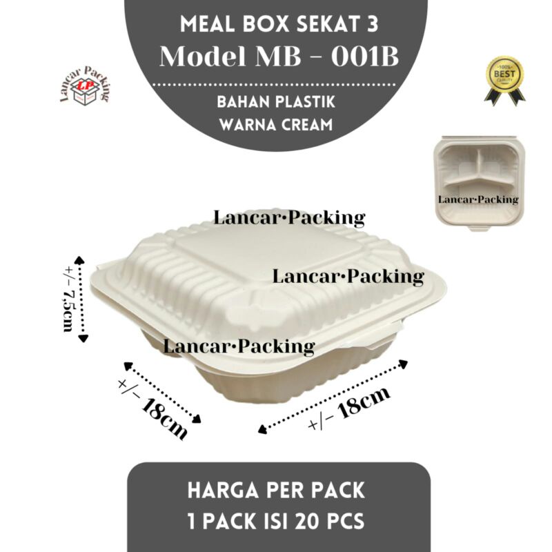 Gardenglories Meal Box Plastik Sekat 3 (Merak Mb 1B) Warna Cream / Kotak Makan Sekat 3 / Box Makan