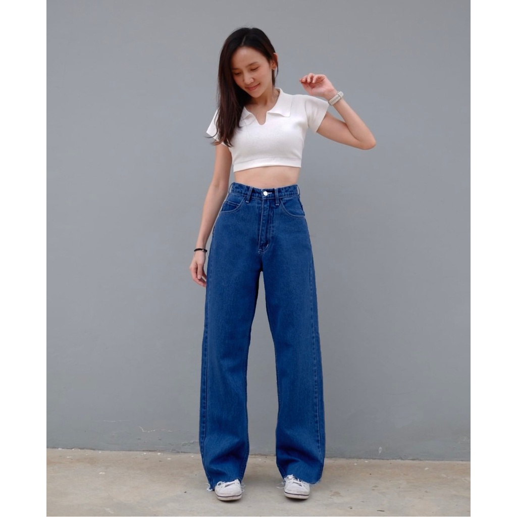 HOPYLOVY Celana Panjang Jeans BF Wanita Highwaist Loose Unfinished Sabita