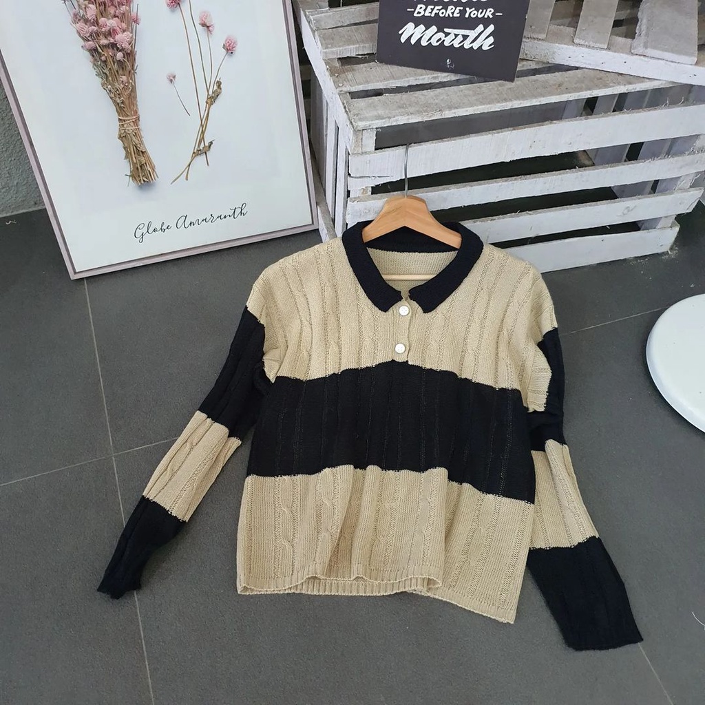 Sweater Collar Wanita Colla Cable Bahan Rajut Terbaru Ala Korean Style