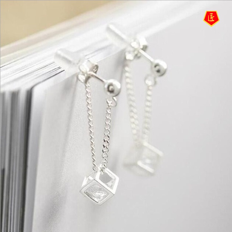 [Ready Stock]925 Silver Hollow Rubik's Cube Diamond Stud Earrings for Women