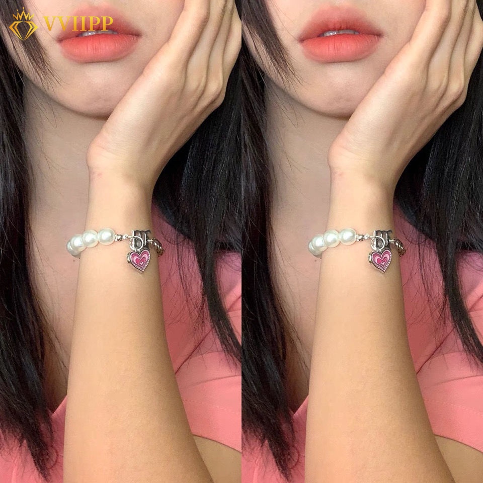 Kalung Dan Gelang Rantai Choker Liontin Hati Warna Pink Aksen Mutiara Untuk Wanita