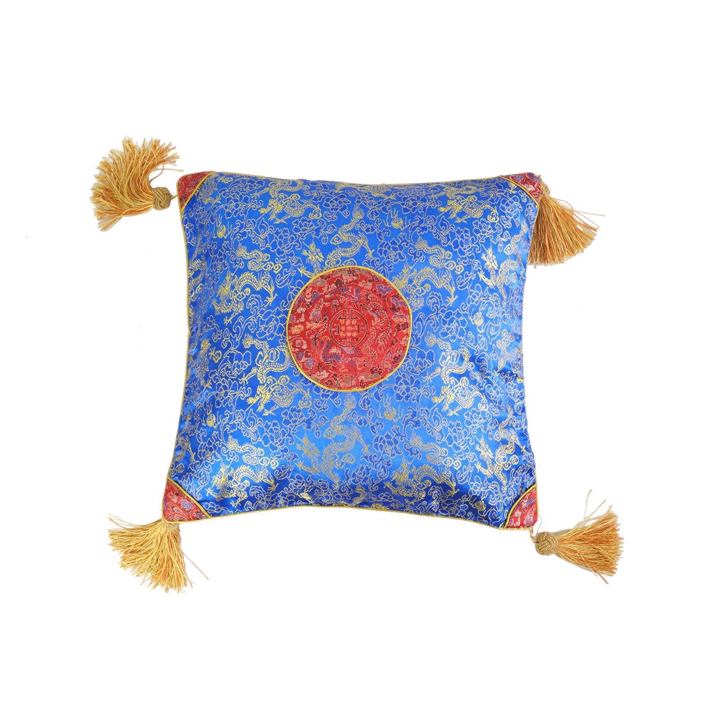 Sarung Bantal Satin Silk Motif Naga Cina 40 X 40 Cm Biru Merah